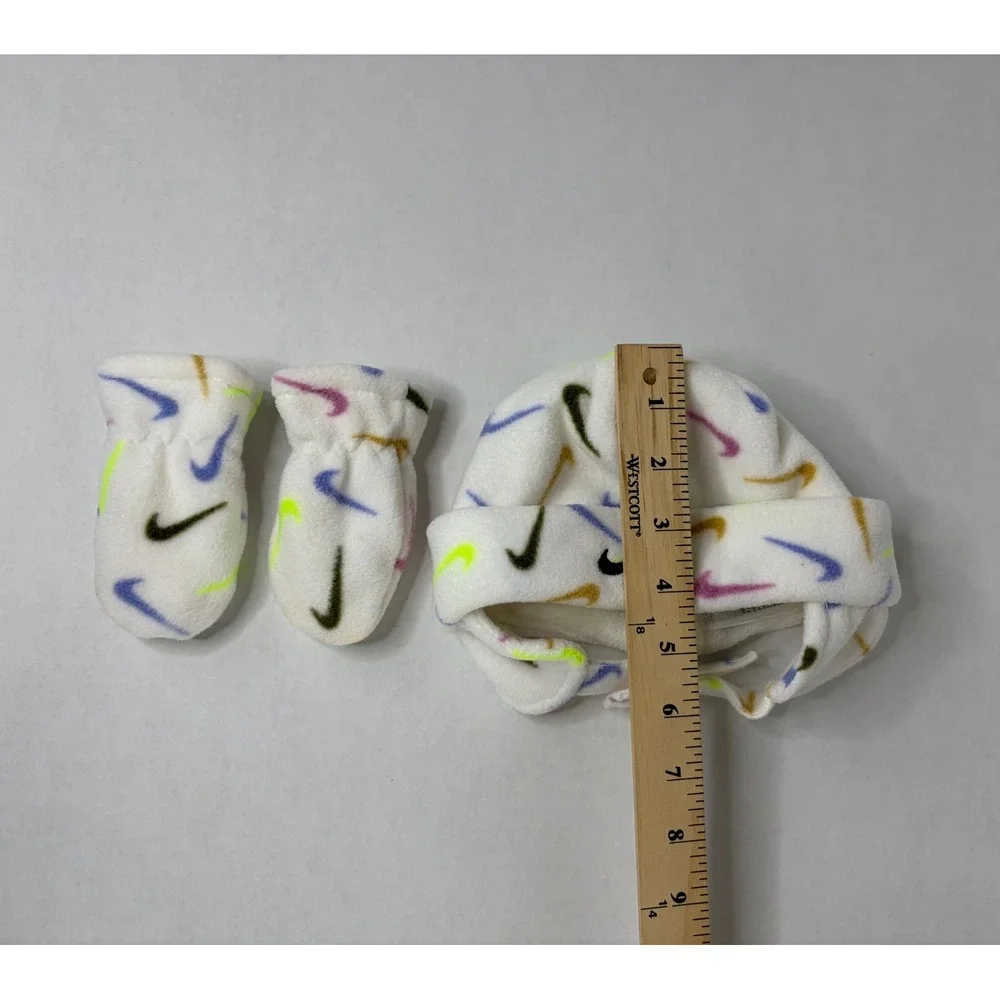 Nike Infant Fleece Hat and Mittens Set White Multi-Color Swoosh Print - Picture 4 of 16